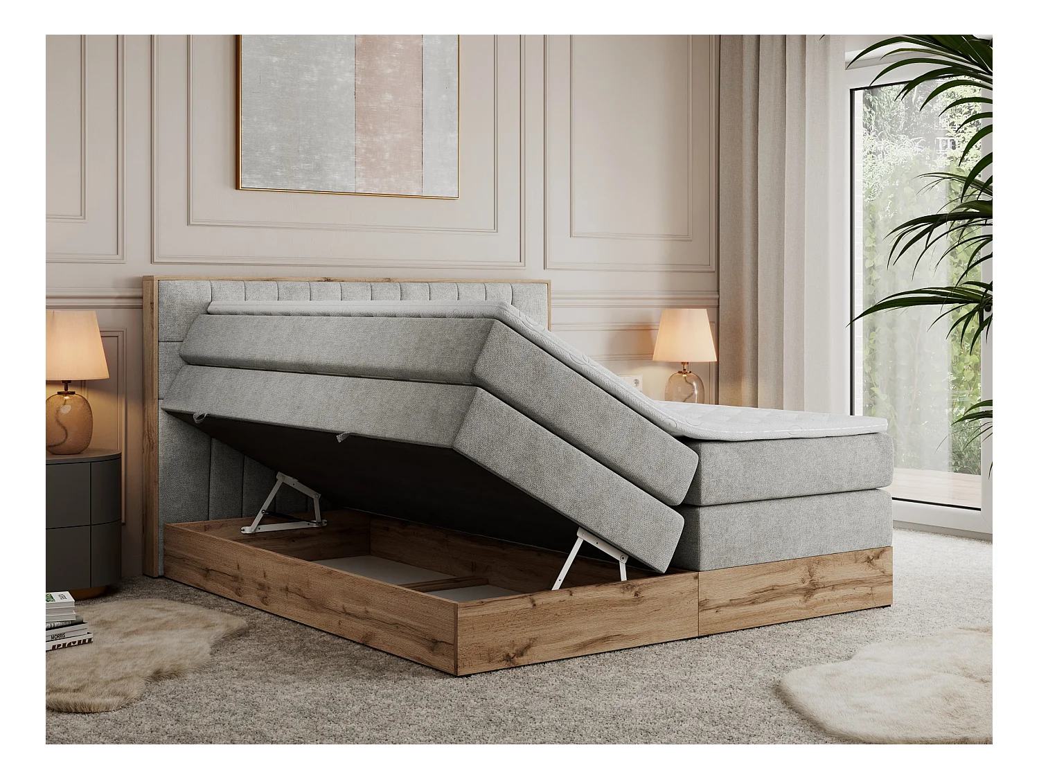 Boxspringbett AMORE KING - gesteppte Kopfstütze, Polsterbett mit zwei Multipocket-Matratzen, Holzrahmen - 180x200 cm - H3 - Hellgrau Strukture