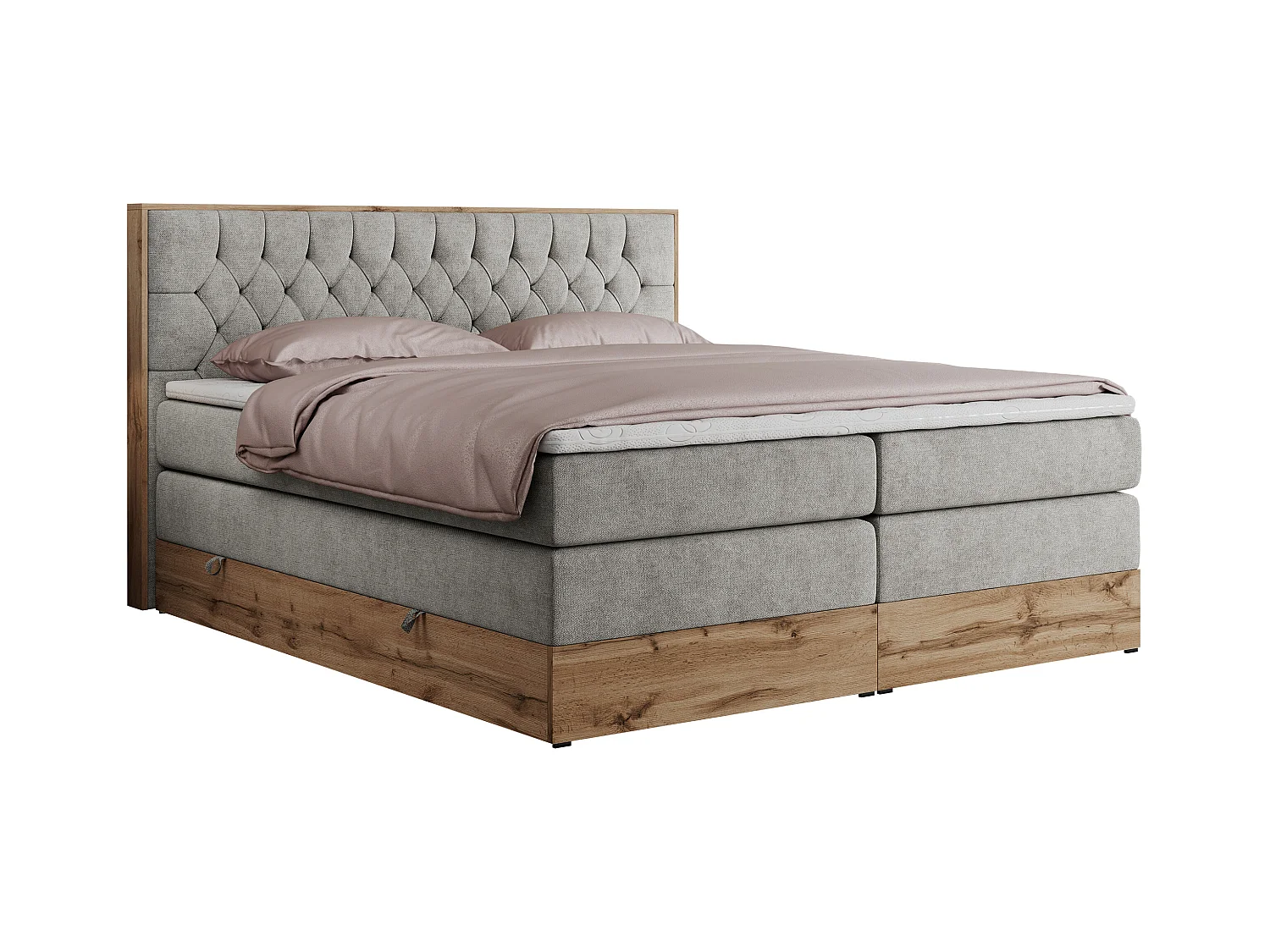 Boxspringbett AMORE KING - gesteppte Kopfstütze, Polsterbett mit zwei Multipocket-Matratzen, Holzrahmen - 180x200 cm - H3 - Hellgrau Strukture