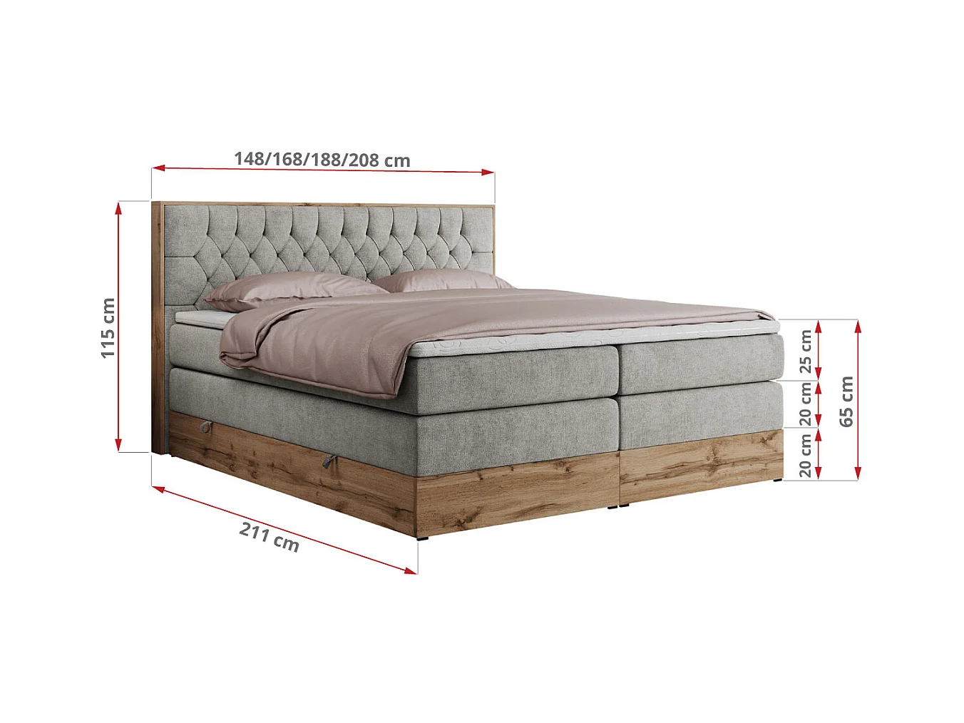 Boxspringbett AMORE KING - gesteppte Kopfstütze, Polsterbett mit zwei Multipocket-Matratzen, Holzrahmen - 180x200 cm - H3 - Hellgrau Strukture