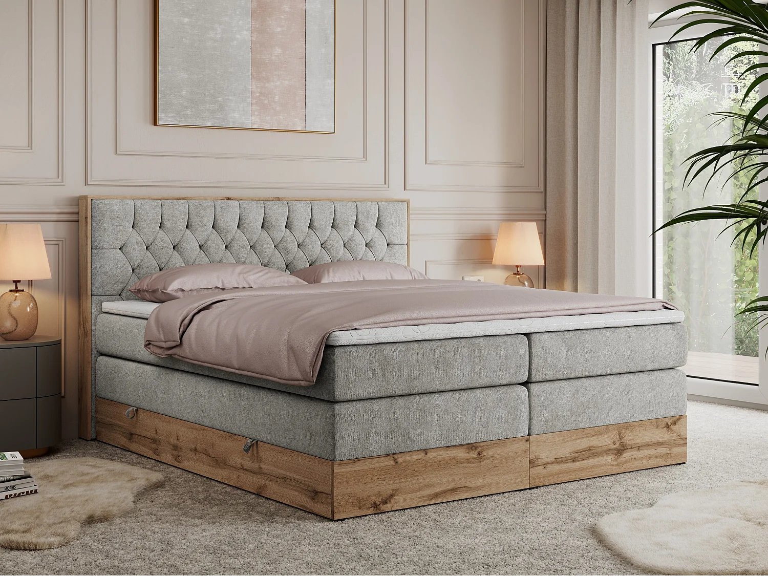 Boxspringbett AMORE KING - gesteppte Kopfstütze, Polsterbett mit zwei Multipocket-Matratzen, Holzrahmen - 180x200 cm - H3 - Hellgrau Strukture