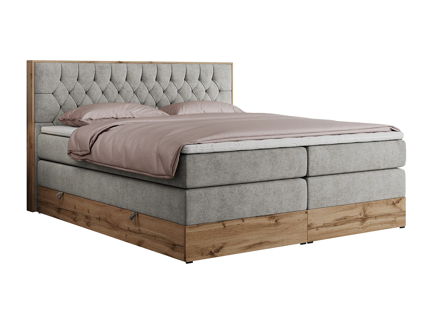 Boxspringbett AMORE KING - gesteppte Kopfstütze, Polsterbett mit zwei Multipocket-Matratzen, Holzrahmen - 180x200 cm - H3 - Hellgrau Strukture