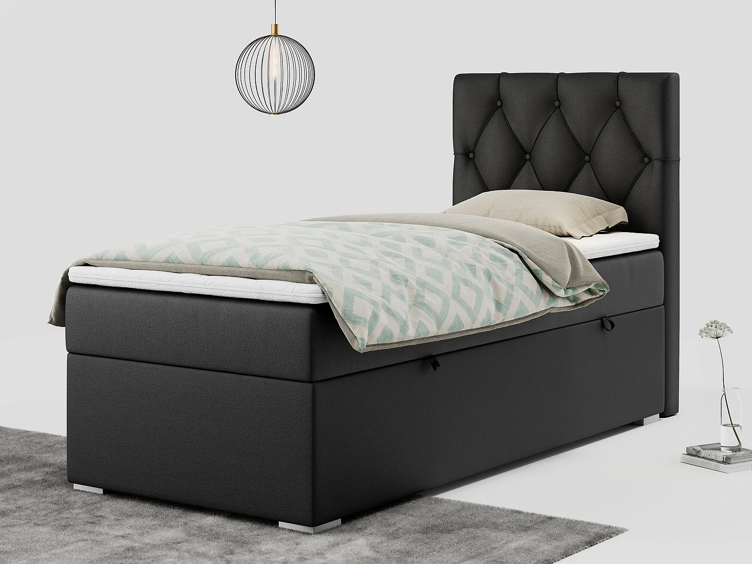 Boxspringbett ALDA - Einzelbett mit gestepptem Kopfteil, Multipocket-Matratze und Topper, Bettkasten - 90x200 cm - H3 - Schwarz Kunstleder - Rechts Seite