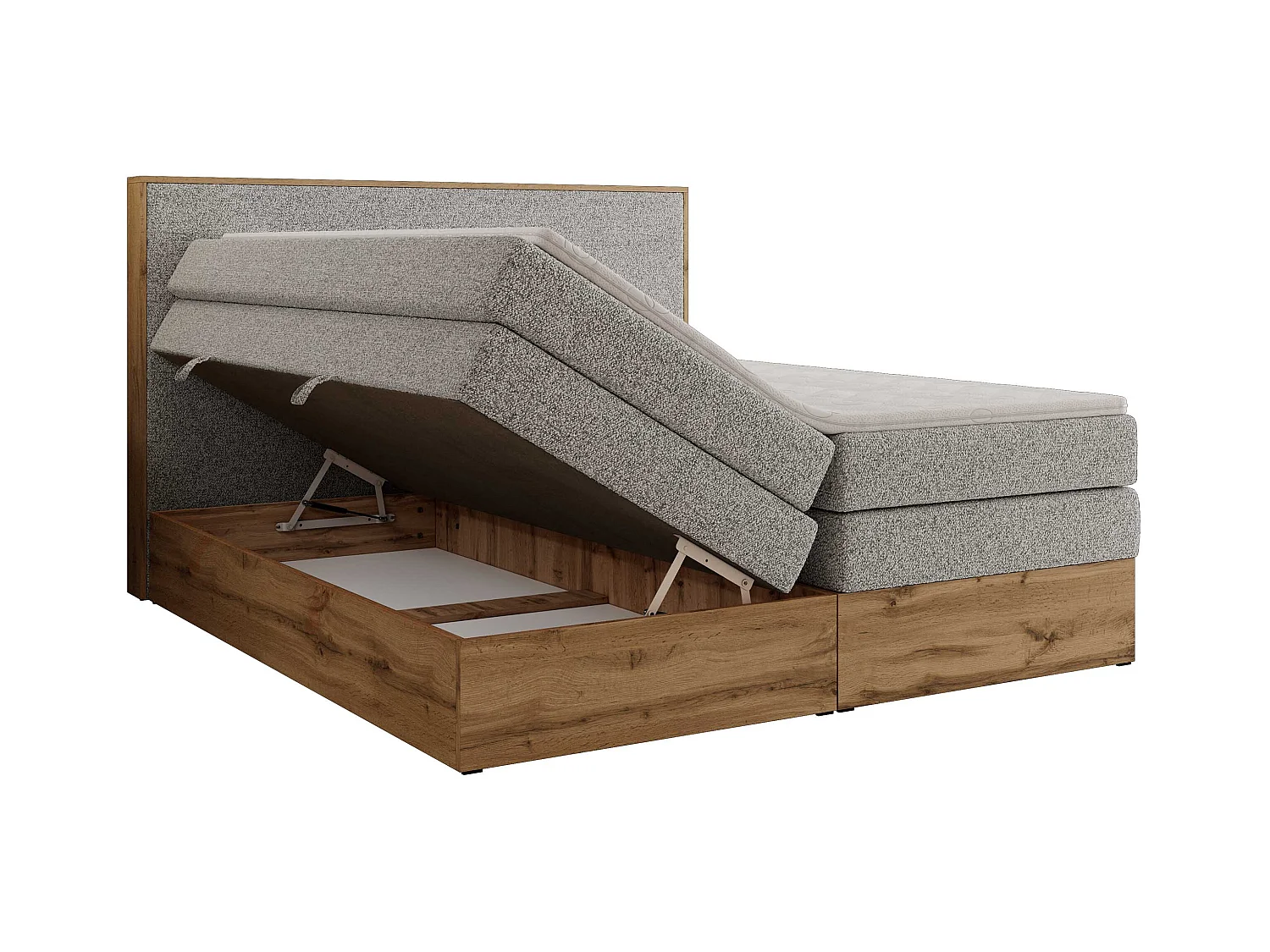 Boxspringbett WOOD CLASSIC KING - Polsterbett mit hohe Kopfteil, zwei Multipocket-Matratze, Bettkästen - 140x200 cm - H3 - Hellgrau Strukture