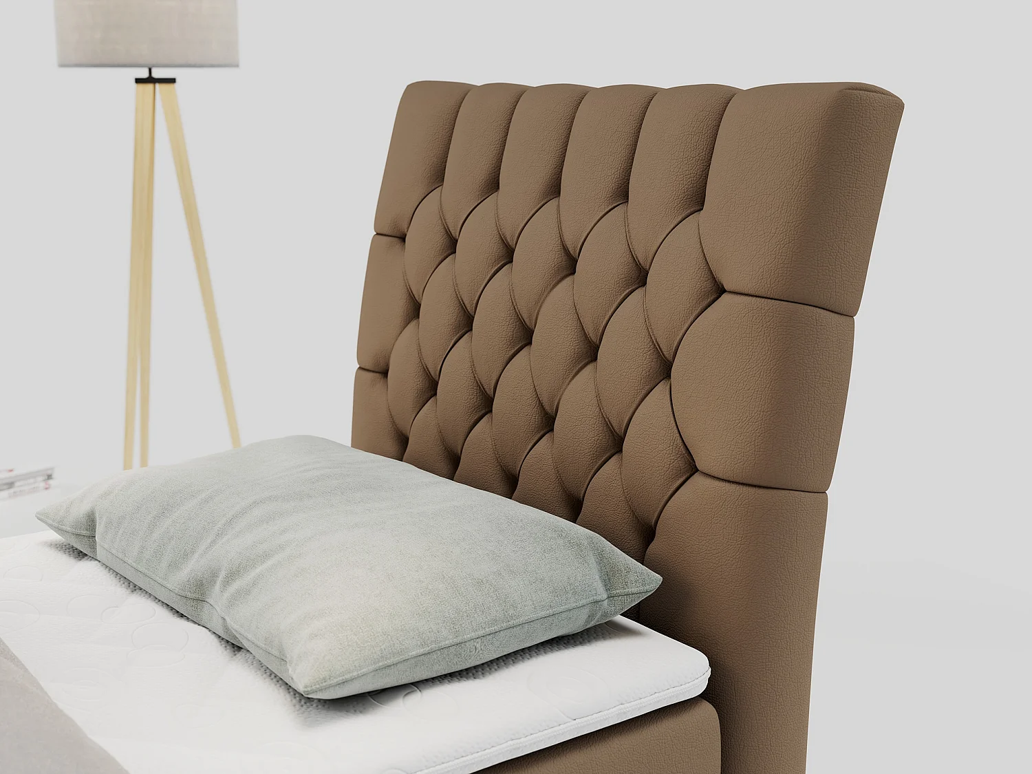 Boxspringbett MILEN - Polsterbett auf Metallbeine, Set mit Multipocket-Matratze, Gesteppte Kopfstütze - 90x200 cm - H3 - Braun Kunstleder - Rechts Seite