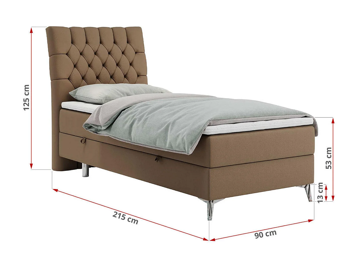 Boxspringbett MILEN - Polsterbett auf Metallbeine, Set mit Multipocket-Matratze, Gesteppte Kopfstütze - 90x200 cm - H3 - Braun Kunstleder - Rechts Seite