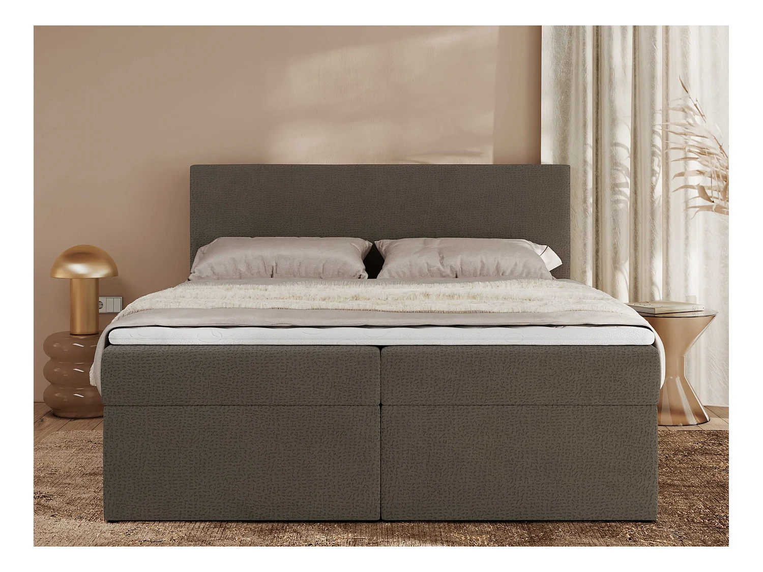 Boxspringbett JAGUAR - Doppelbett mit Multipocket-Matratze und Topper, Struktur dekostoff, zwei Bettkästen - 140x200 cm - H4 - Braun Struktur