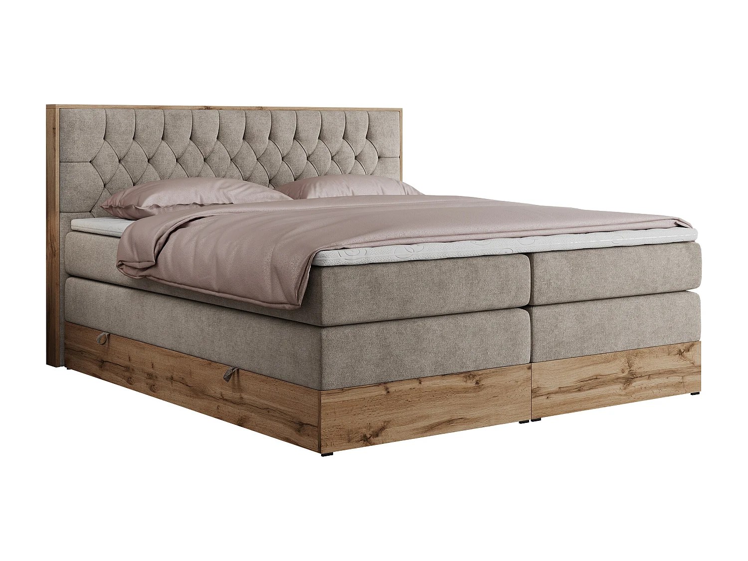 Boxspringbett AMORE KING - gesteppte Kopfstütze, Polsterbett mit zwei Multipocket-Matratzen, Holzrahmen - 180x200 cm - H4 - Beige Strukture