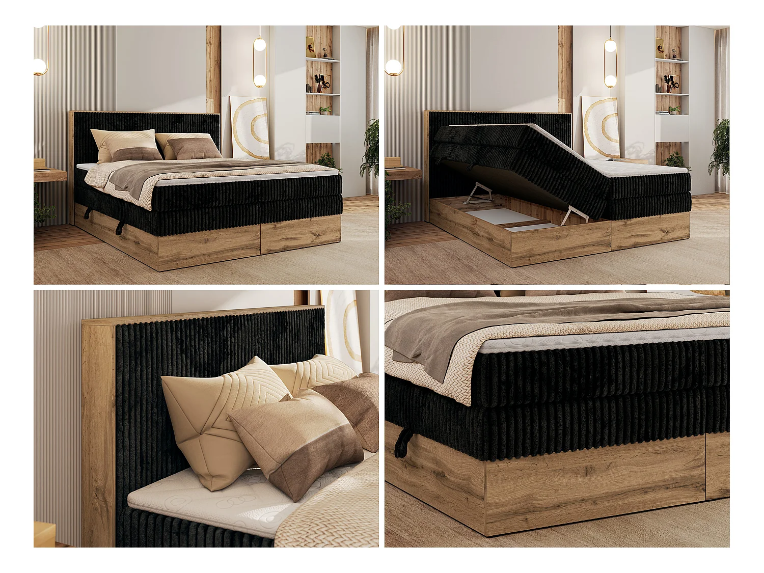 Boxspringbett WOOD CLASSIC KING - Polsterbett mit hohe Kopfteil, zwei Multipocket-Matratze, Bettkästen - 180x200 cm - H4 - Schwarz Cord