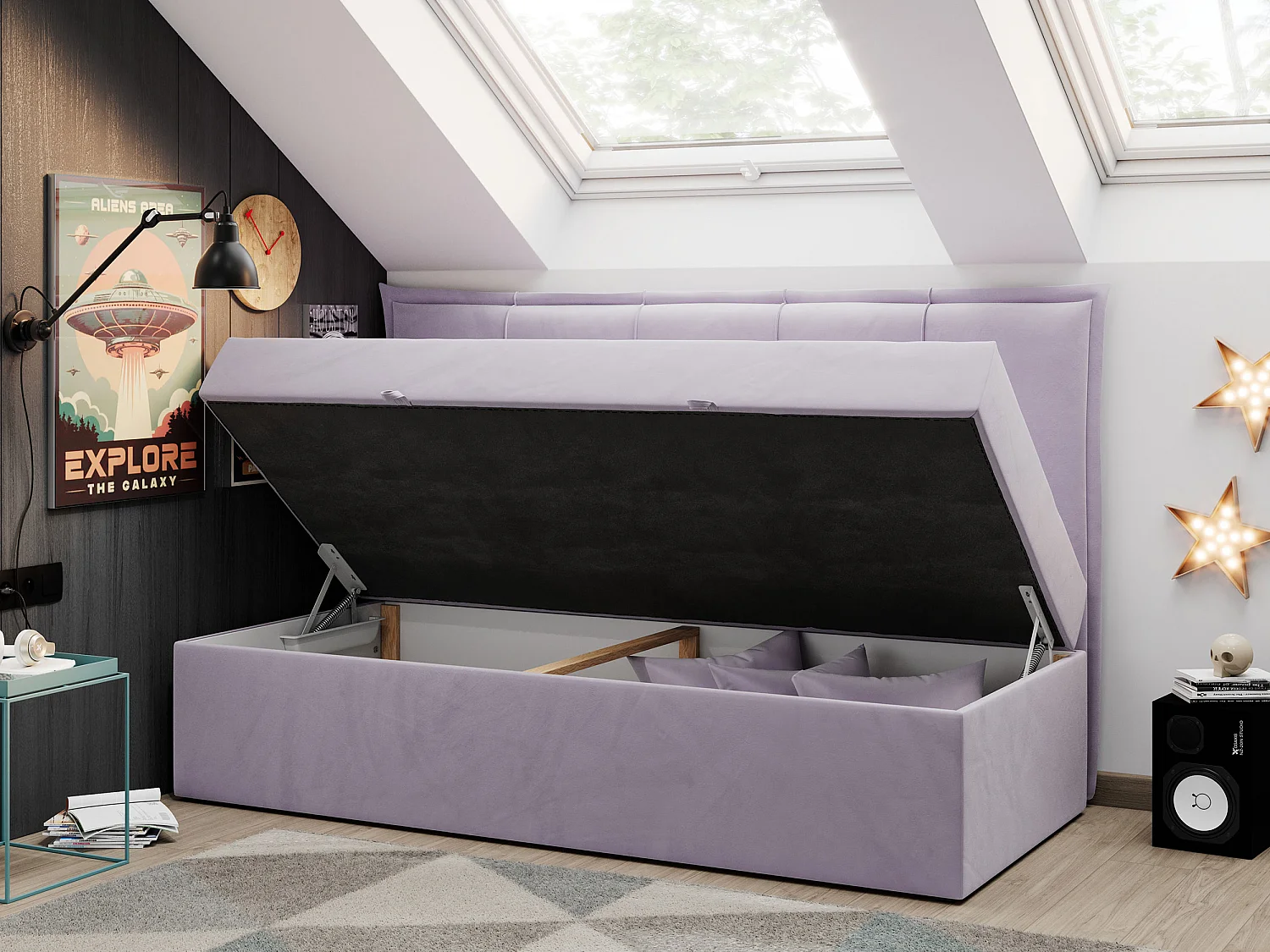 Kinderbett BANCO - Einzelbett für Jugendliche, Set mit Kopfteil und Matratze, Boxspringbett, Bettkasten - 90x200 cm - Violett Velvet