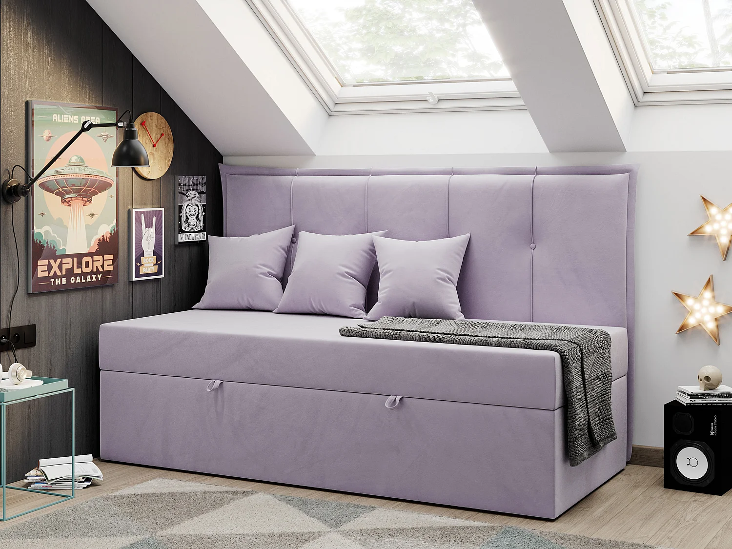 Kinderbett BANCO - Einzelbett für Jugendliche, Set mit Kopfteil und Matratze, Boxspringbett, Bettkasten - 90x200 cm - Violett Velvet