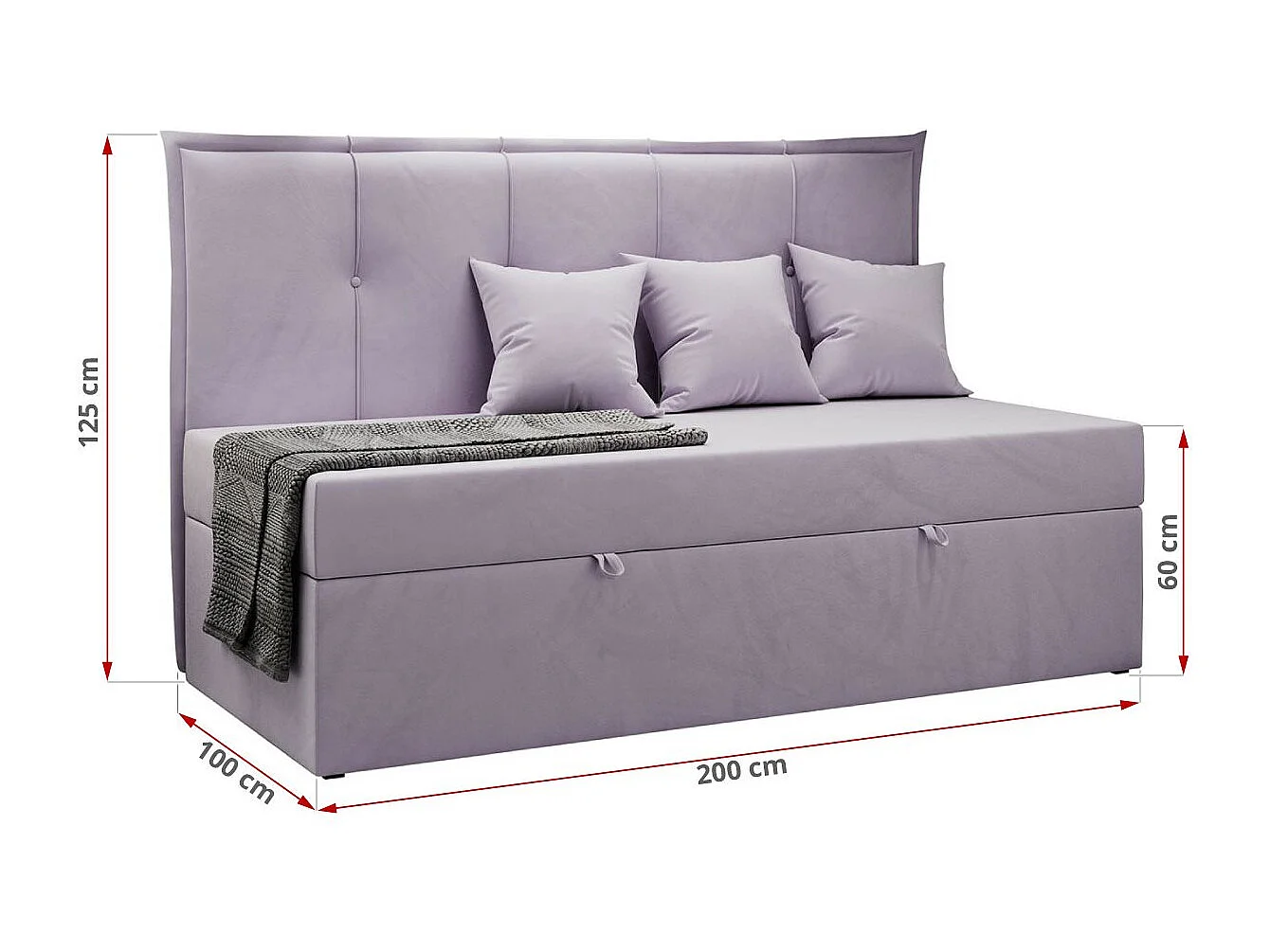 Kinderbett BANCO - Einzelbett für Jugendliche, Set mit Kopfteil und Matratze, Boxspringbett, Bettkasten - 90x200 cm - Violett Velvet