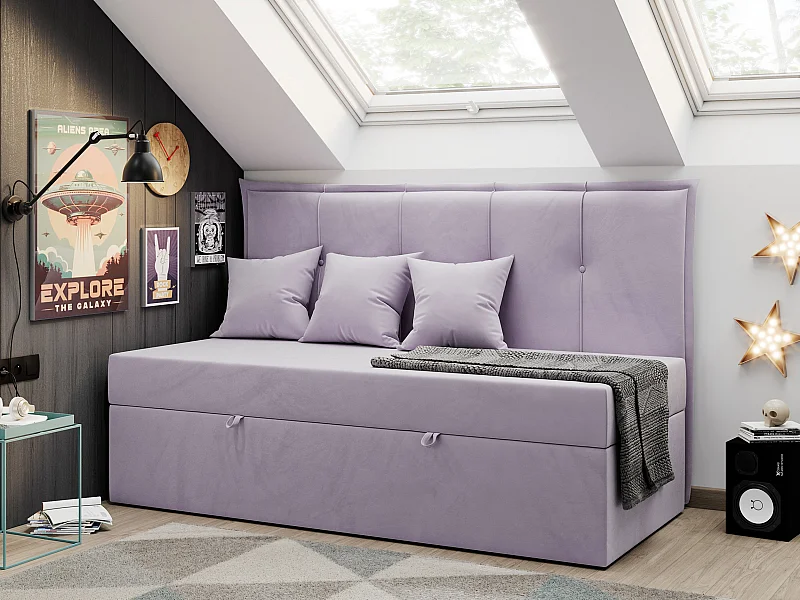 Kinderbett BANCO - Einzelbett für Jugendliche, Set mit Kopfteil und Matratze, Boxspringbett, Bettkasten - 90x200 cm - Violett Velvet