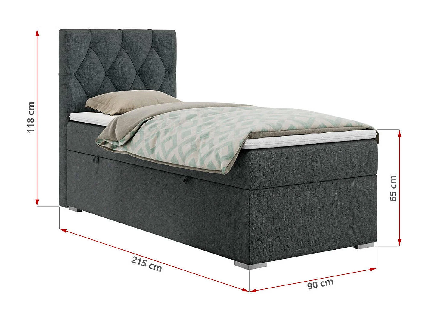 Boxspringbett ALDA - Einzelbett mit gestepptem Kopfteil, Multipocket-Matratze und Topper, Bettkasten - 90x200 cm - H4 - Dunkelgrau Strukture - Links Seite