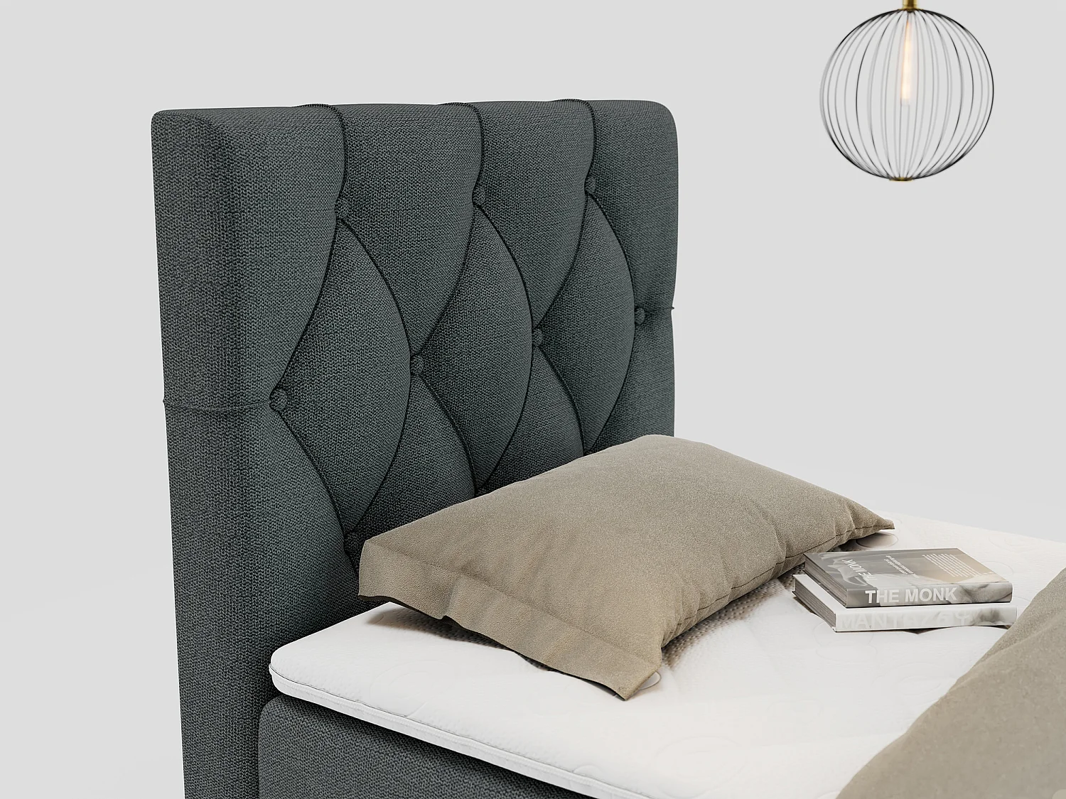 Boxspringbett ALDA - Einzelbett mit gestepptem Kopfteil, Multipocket-Matratze und Topper, Bettkasten - 90x200 cm - H4 - Dunkelgrau Strukture - Links Seite