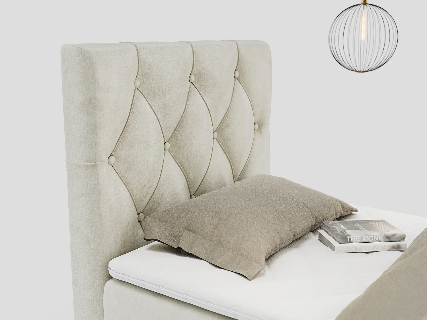 Boxspringbett ALDA - Einzelbett mit gestepptem Kopfteil, Multipocket-Matratze und Topper, Bettkasten - 90x200 cm - H3 - Beige Velvet - Links Seite