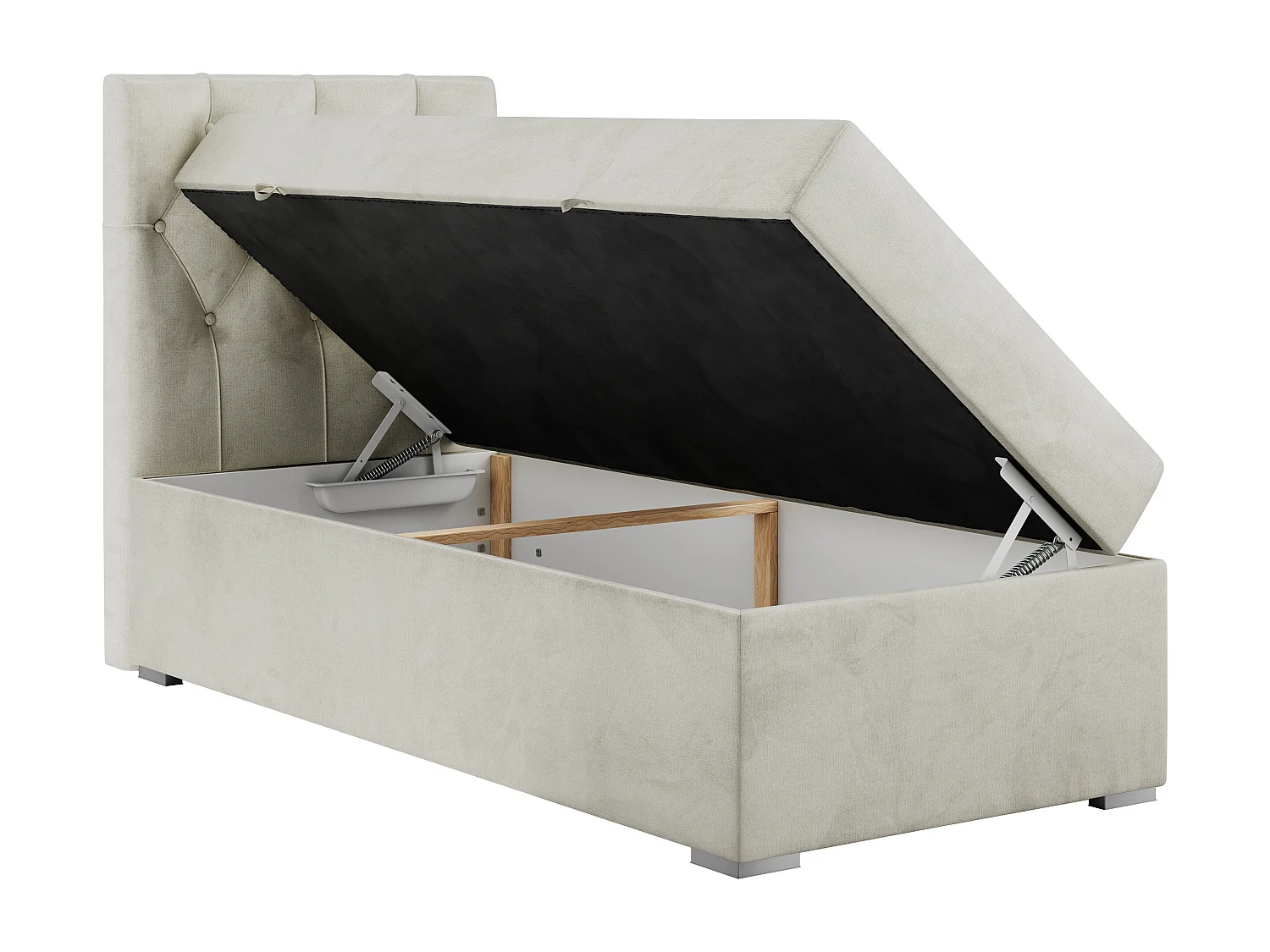 Boxspringbett ALDA - Einzelbett mit gestepptem Kopfteil, Multipocket-Matratze und Topper, Bettkasten - 90x200 cm - H3 - Beige Velvet - Links Seite