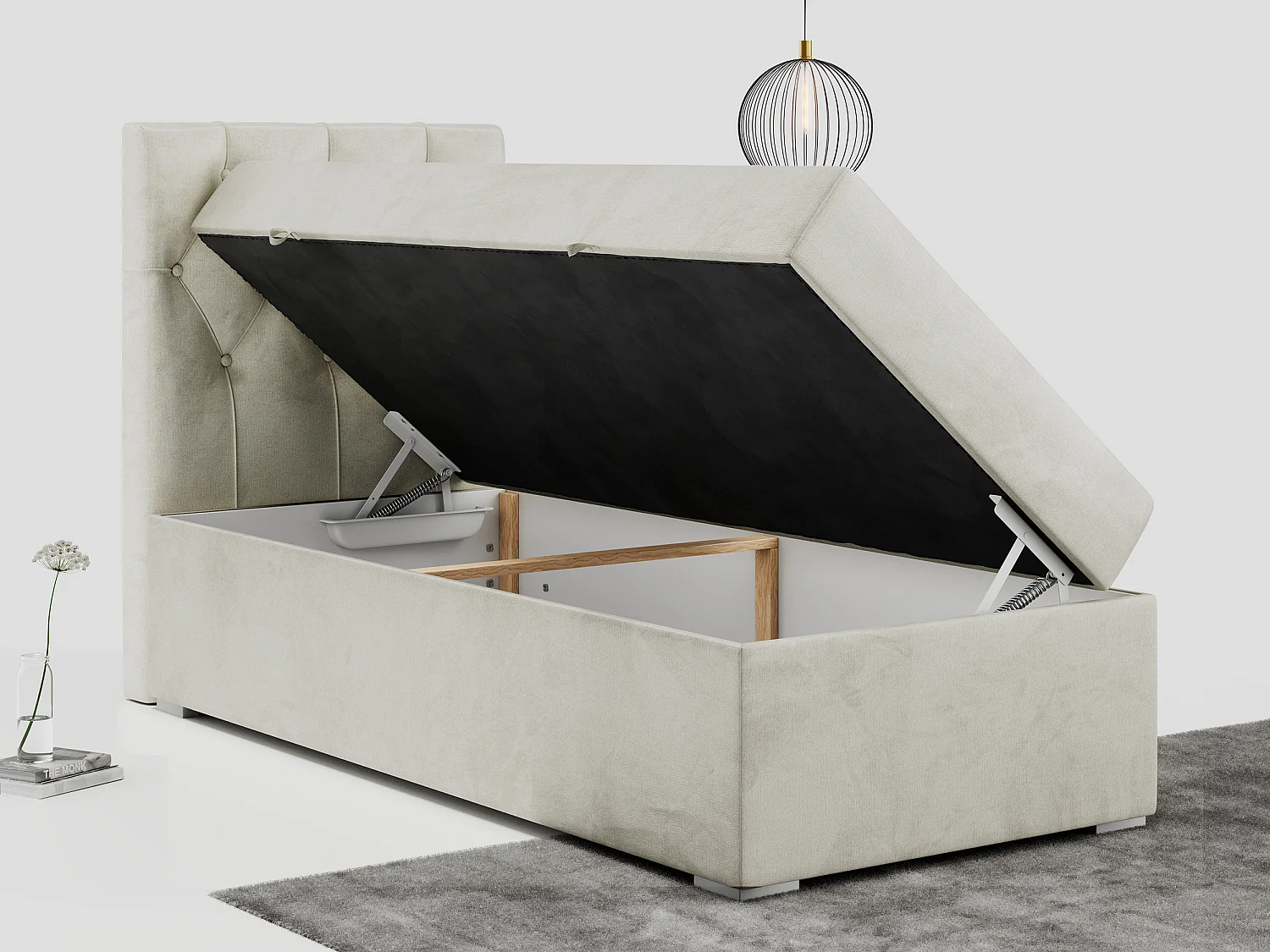 Boxspringbett ALDA - Einzelbett mit gestepptem Kopfteil, Multipocket-Matratze und Topper, Bettkasten - 90x200 cm - H3 - Beige Velvet - Links Seite