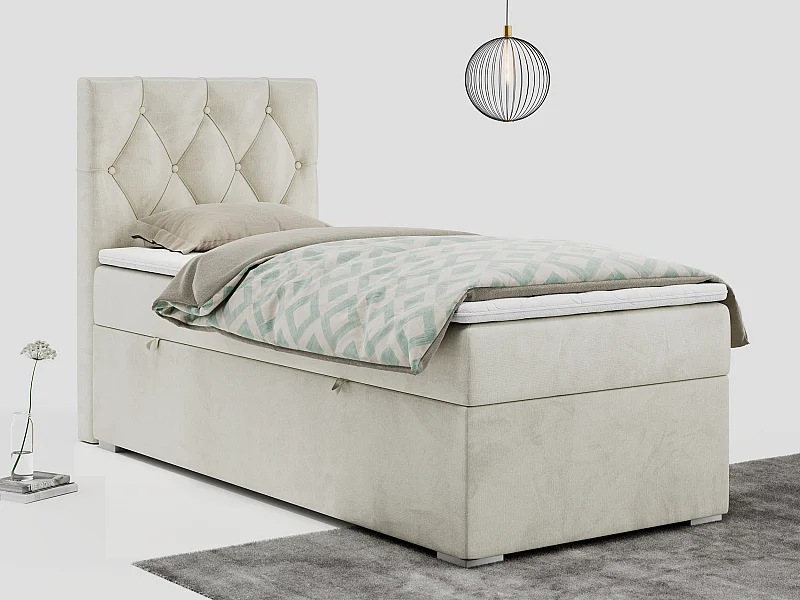 Boxspringbett ALDA - Einzelbett mit gestepptem Kopfteil, Multipocket-Matratze und Topper, Bettkasten - 90x200 cm - H3 - Beige Velvet - Links Seite
