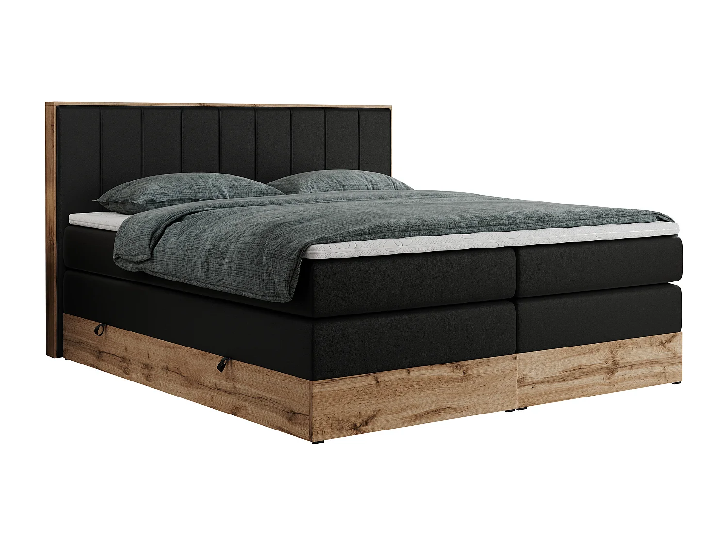 Boxspringbett BELLISSIMO KING - für Schlafzimmer, zwei Multipocket-Matratzen, Set mit Kopfteil und Topper, Holzrahmen - 200x200 cm - H4 - Schwarz Kunstleder