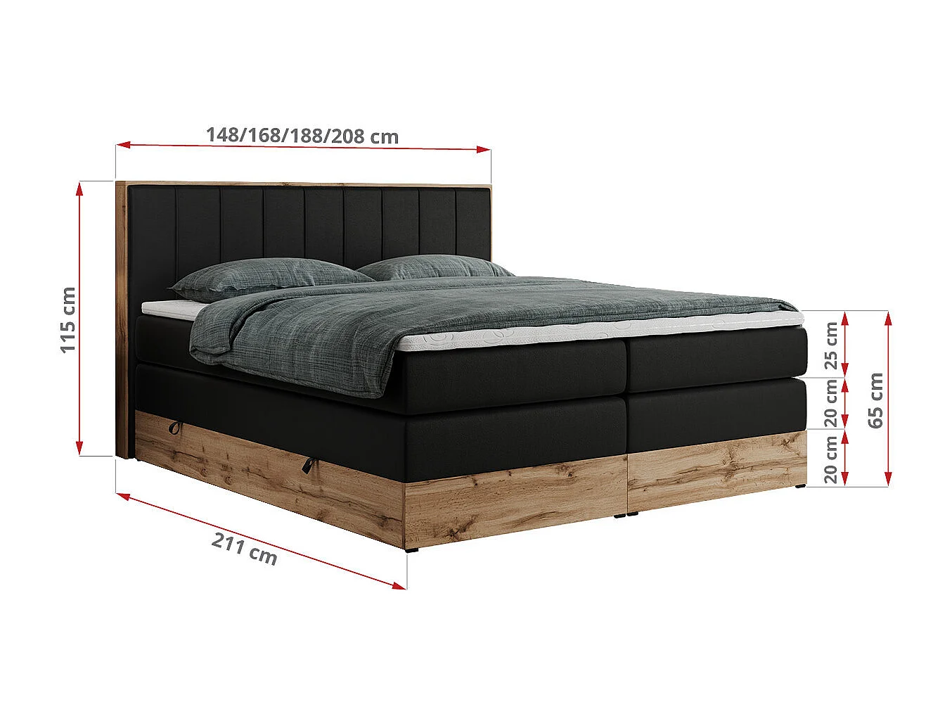 Boxspringbett BELLISSIMO KING - für Schlafzimmer, zwei Multipocket-Matratzen, Set mit Kopfteil und Topper, Holzrahmen - 200x200 cm - H4 - Schwarz Kunstleder