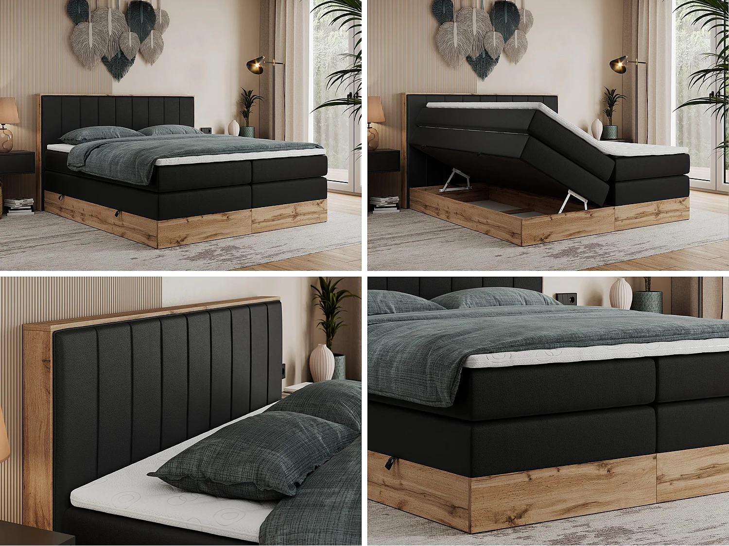Boxspringbed met hoofdbord H4 + Topper T25 - Zwart Kunstleer - 200x200 - BELLISSIMO KING