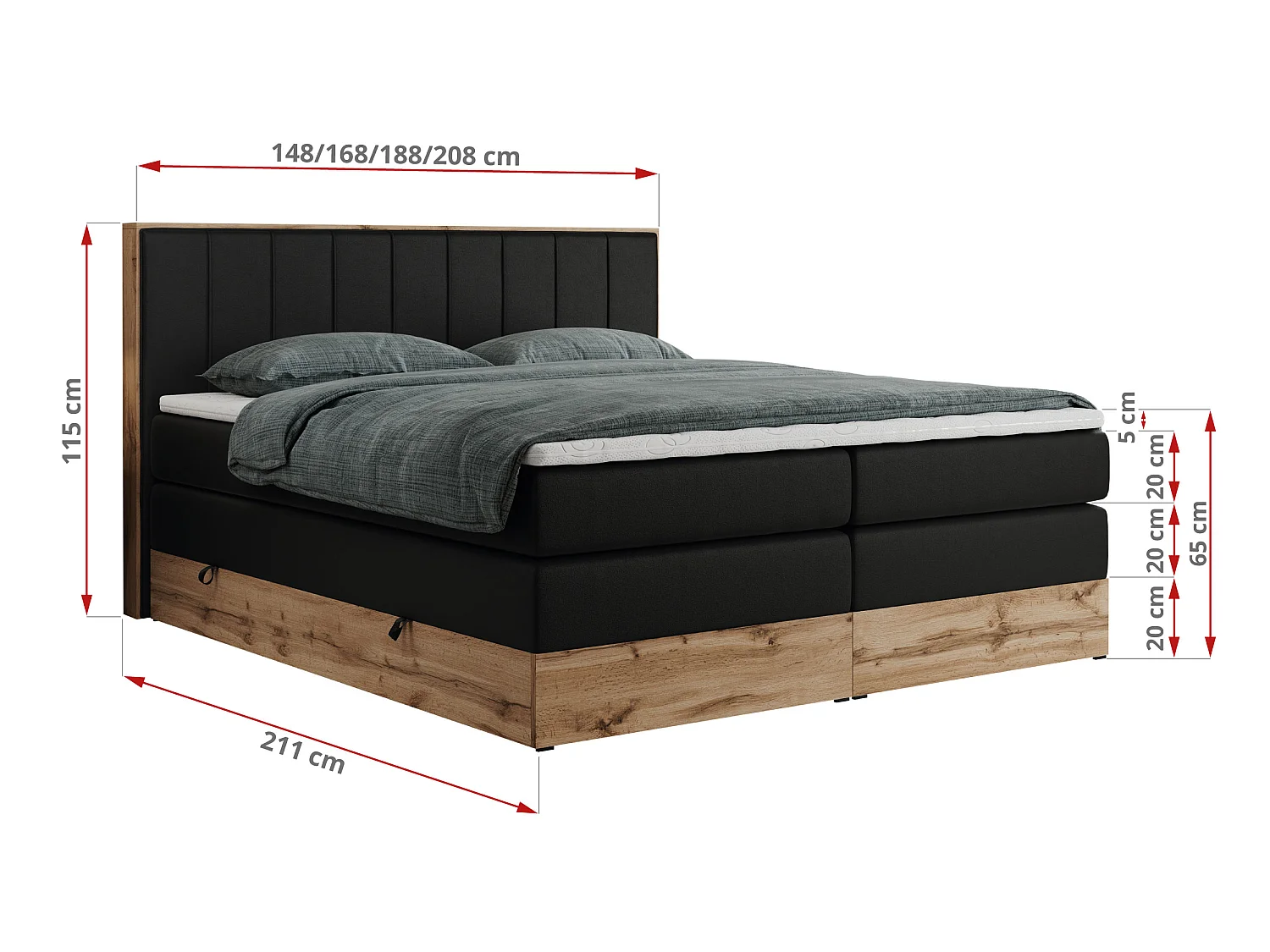Boxspringbed met hoofdbord H4 + Topper T25 - Zwart Kunstleer - 200x200 - BELLISSIMO KING