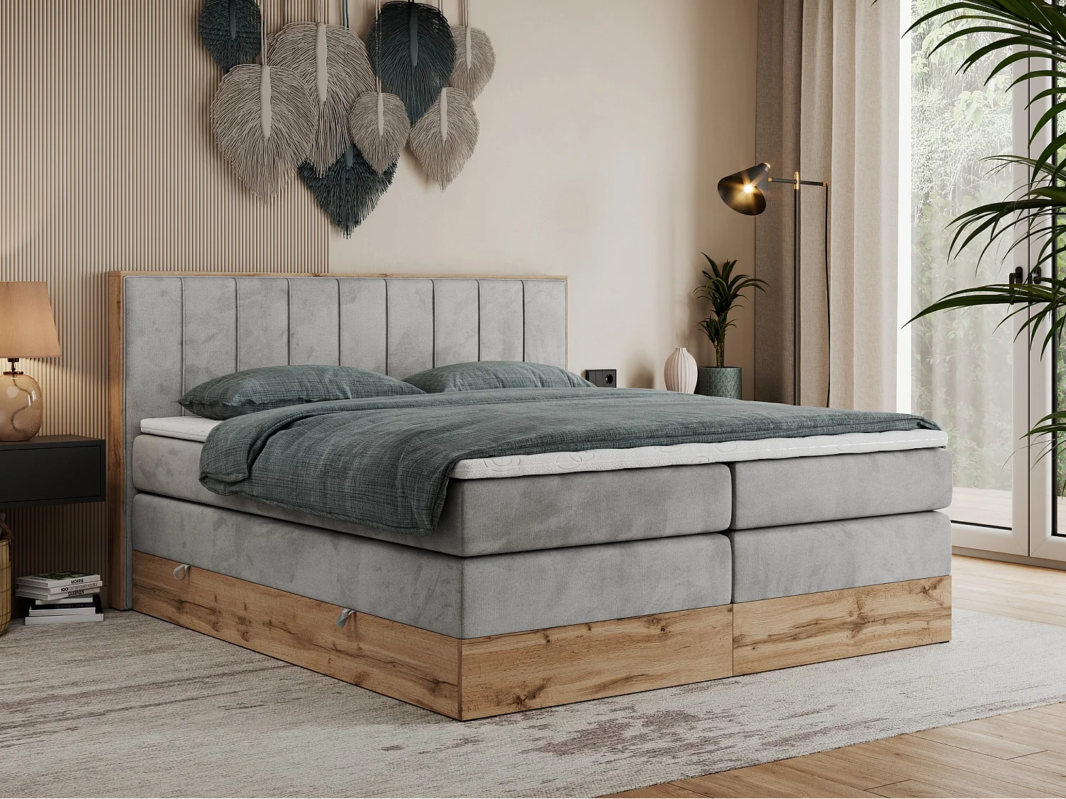Boxspringbett BELLISSIMO KING - für Schlafzimmer, zwei Multipocket-Matratzen, Set mit Kopfteil und Topper, Holzrahmen - 160x200 cm - H4 - Hellgrau Velvet