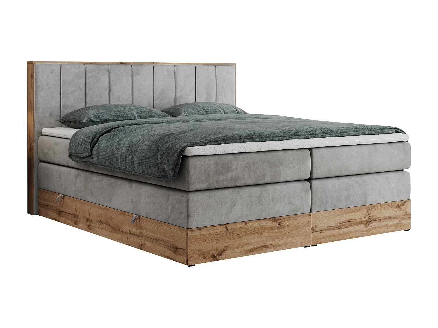 Boxspringbett BELLISSIMO KING - für Schlafzimmer, zwei Multipocket-Matratzen, Set mit Kopfteil und Topper, Holzrahmen - 160x200 cm - H4 - Hellgrau Velvet