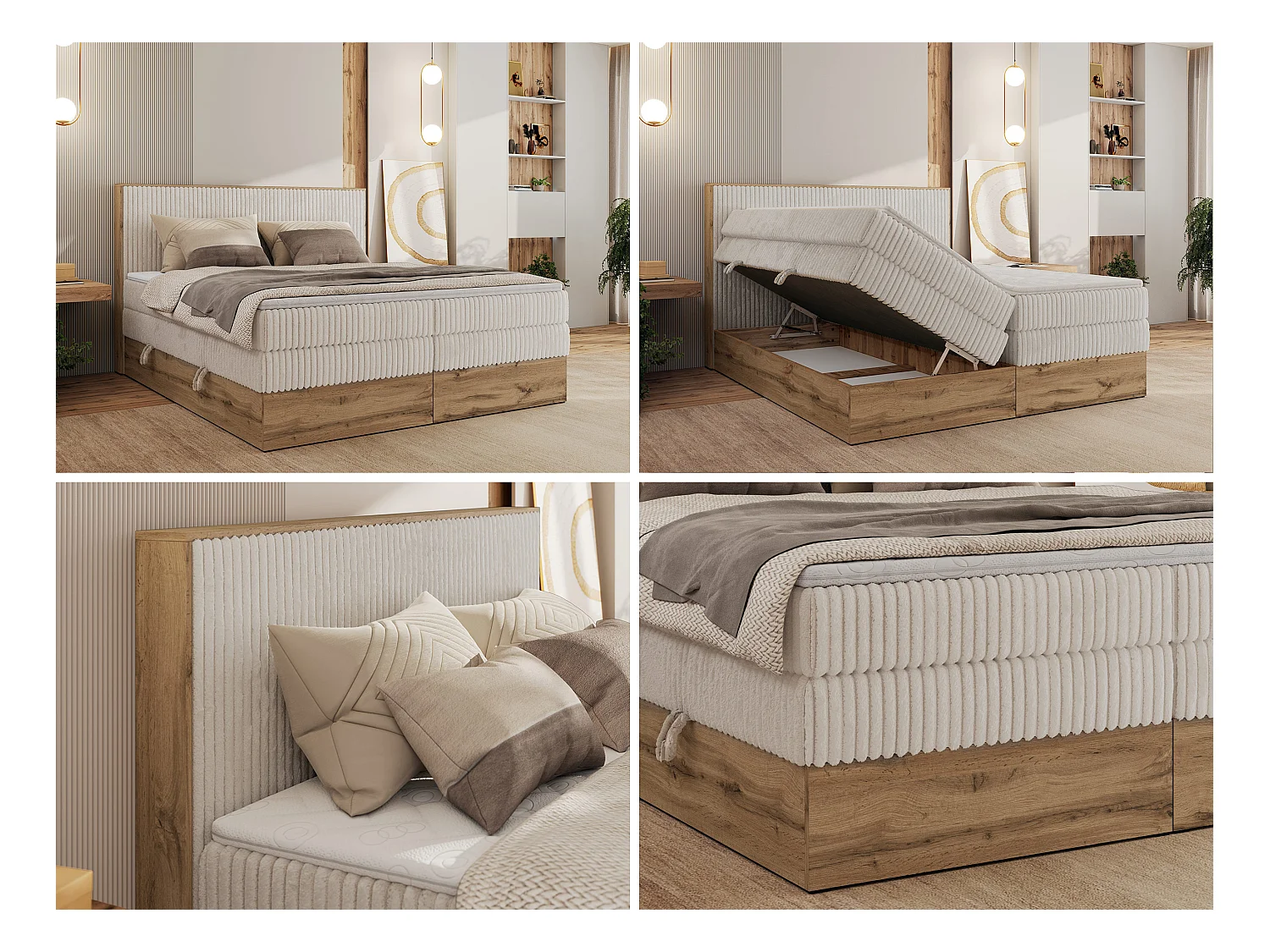 Boxspringbett WOOD CLASSIC KING - Polsterbett mit hohe Kopfteil, zwei Multipocket-Matratze, Bettkästen - 160x200 cm - H3 - Beige Cord