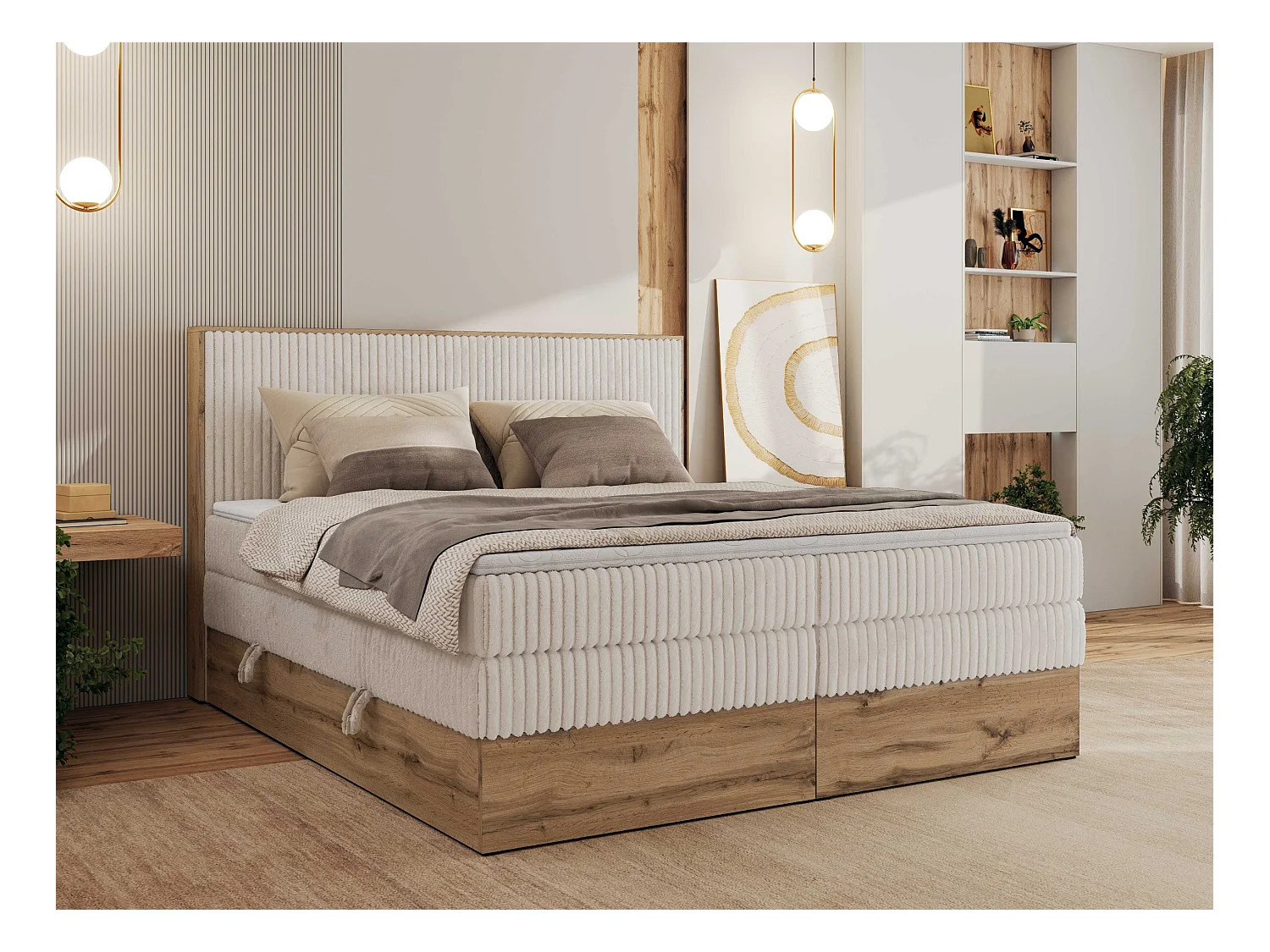 Boxspringbett WOOD CLASSIC KING - Polsterbett mit hohe Kopfteil, zwei Multipocket-Matratze, Bettkästen - 160x200 cm - H3 - Beige Cord