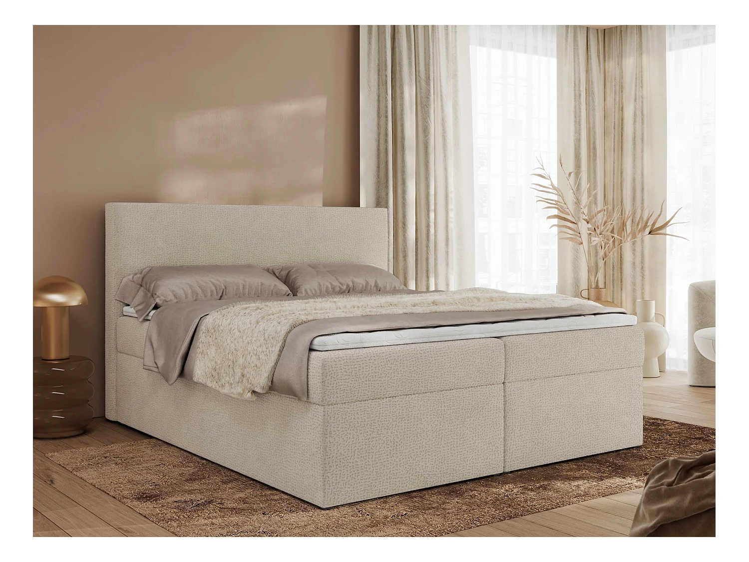 Boxspringbett JAGUAR - Doppelbett mit Multipocket-Matratze und Topper, Struktur dekostoff, zwei Bettkästen - 200x200 cm - H4 - Beige Struktur