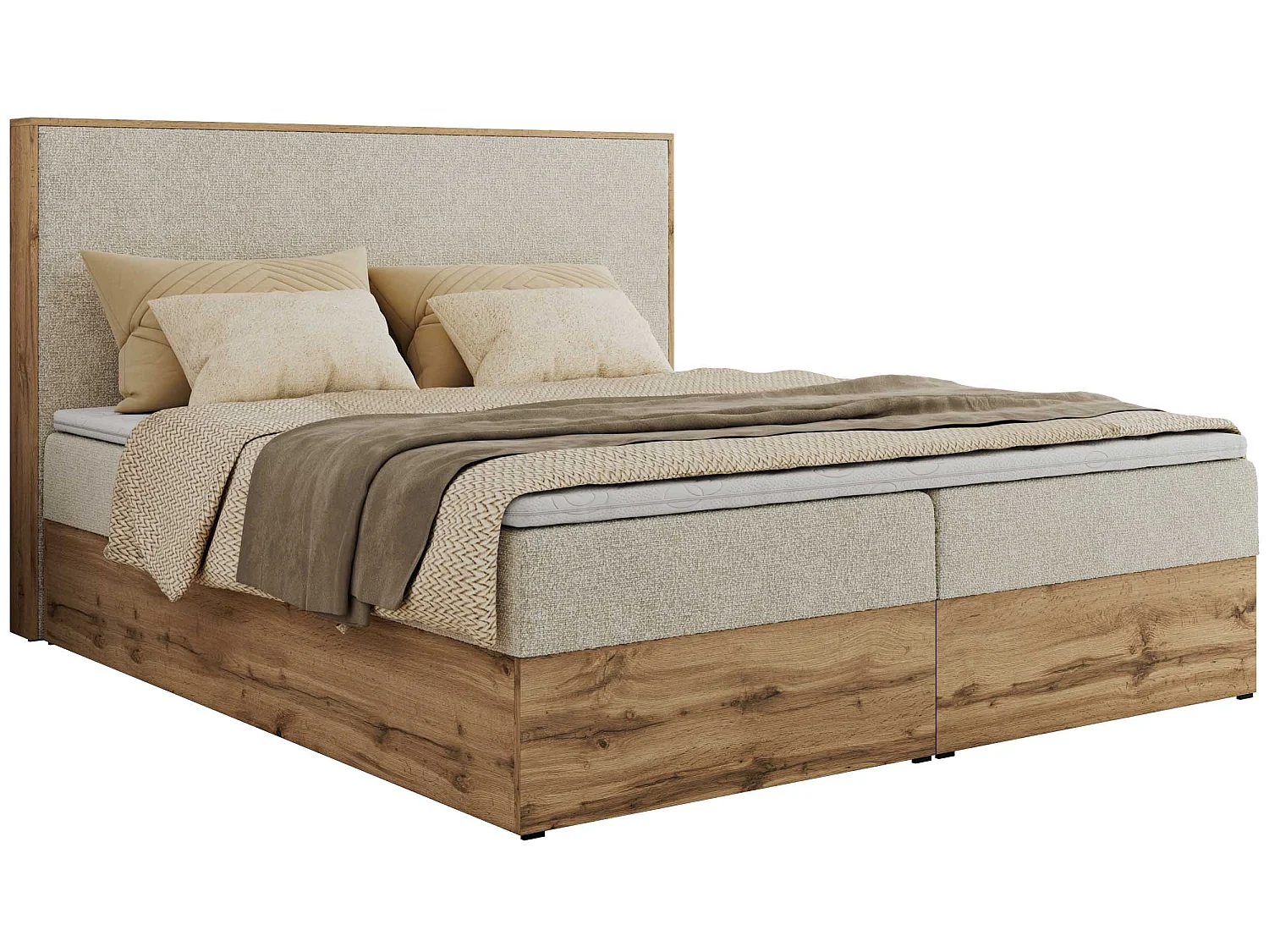 Lit boxspring - Dureté H3 + Topper T25 - Crème Tissu texturé - 180x200 - WOOD CLASSIC