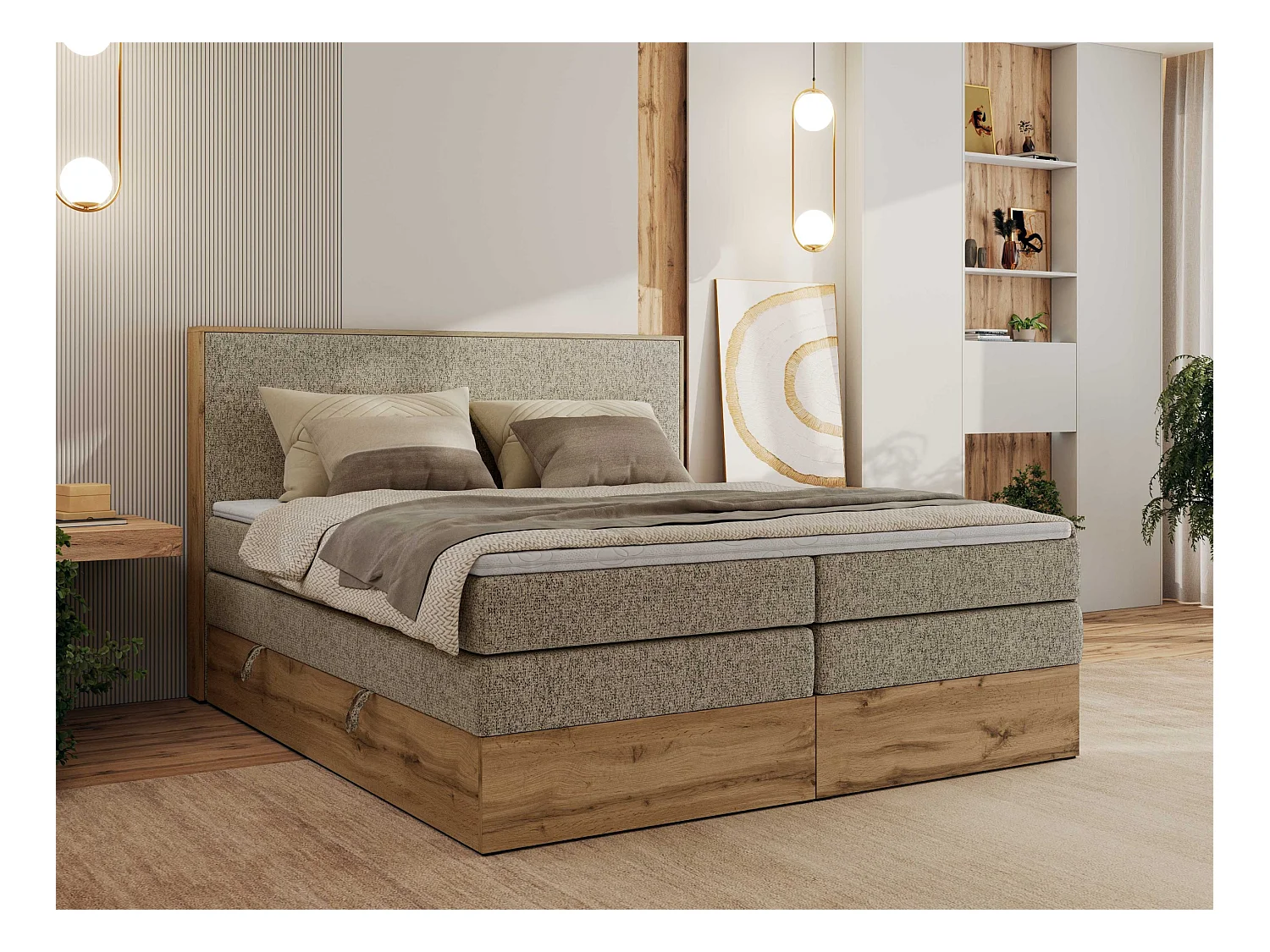 Boxspringbett WOOD CLASSIC KING - Polsterbett mit hohe Kopfteil, zwei Multipocket-Matratze, Bettkästen - 180x200 cm - H3 - Dunkelbeige Strukture