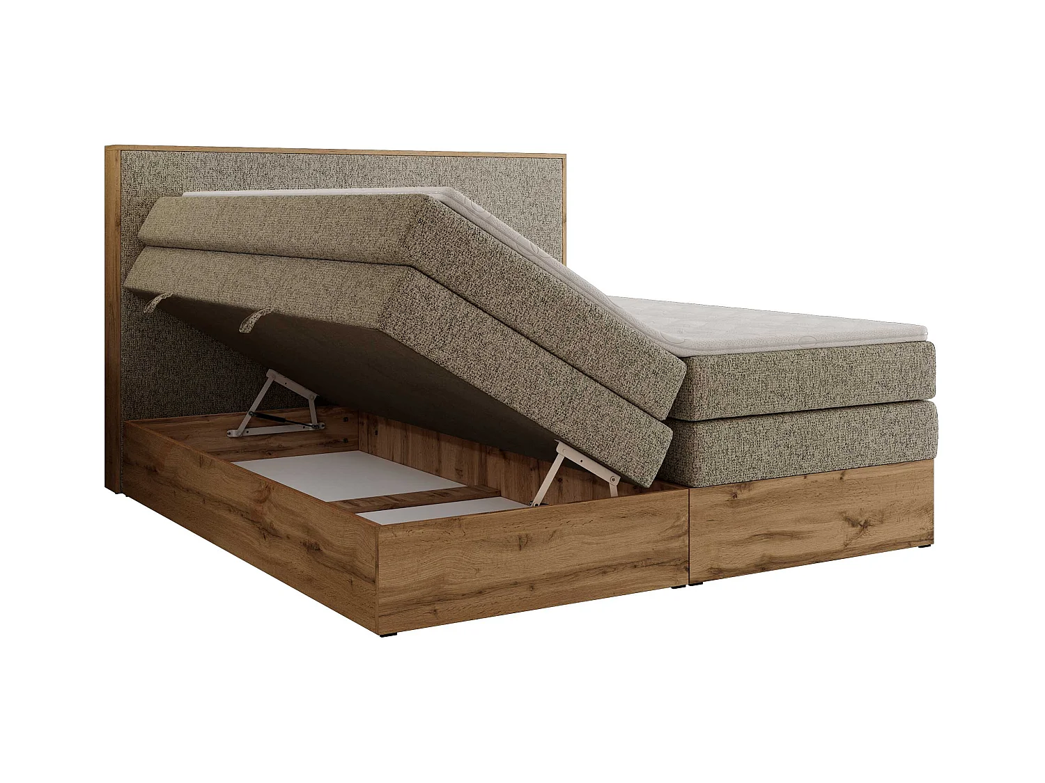 Boxspringbett WOOD CLASSIC KING - Polsterbett mit hohe Kopfteil, zwei Multipocket-Matratze, Bettkästen - 180x200 cm - H3 - Dunkelbeige Strukture