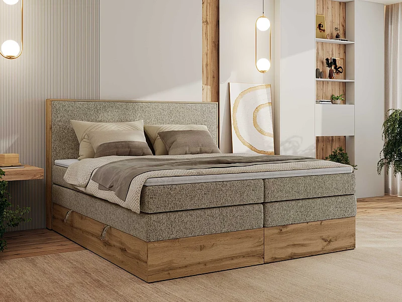 Boxspringbett WOOD CLASSIC KING - Polsterbett mit hohe Kopfteil, zwei Multipocket-Matratze, Bettkästen - 180x200 cm - H3 - Dunkelbeige Strukture