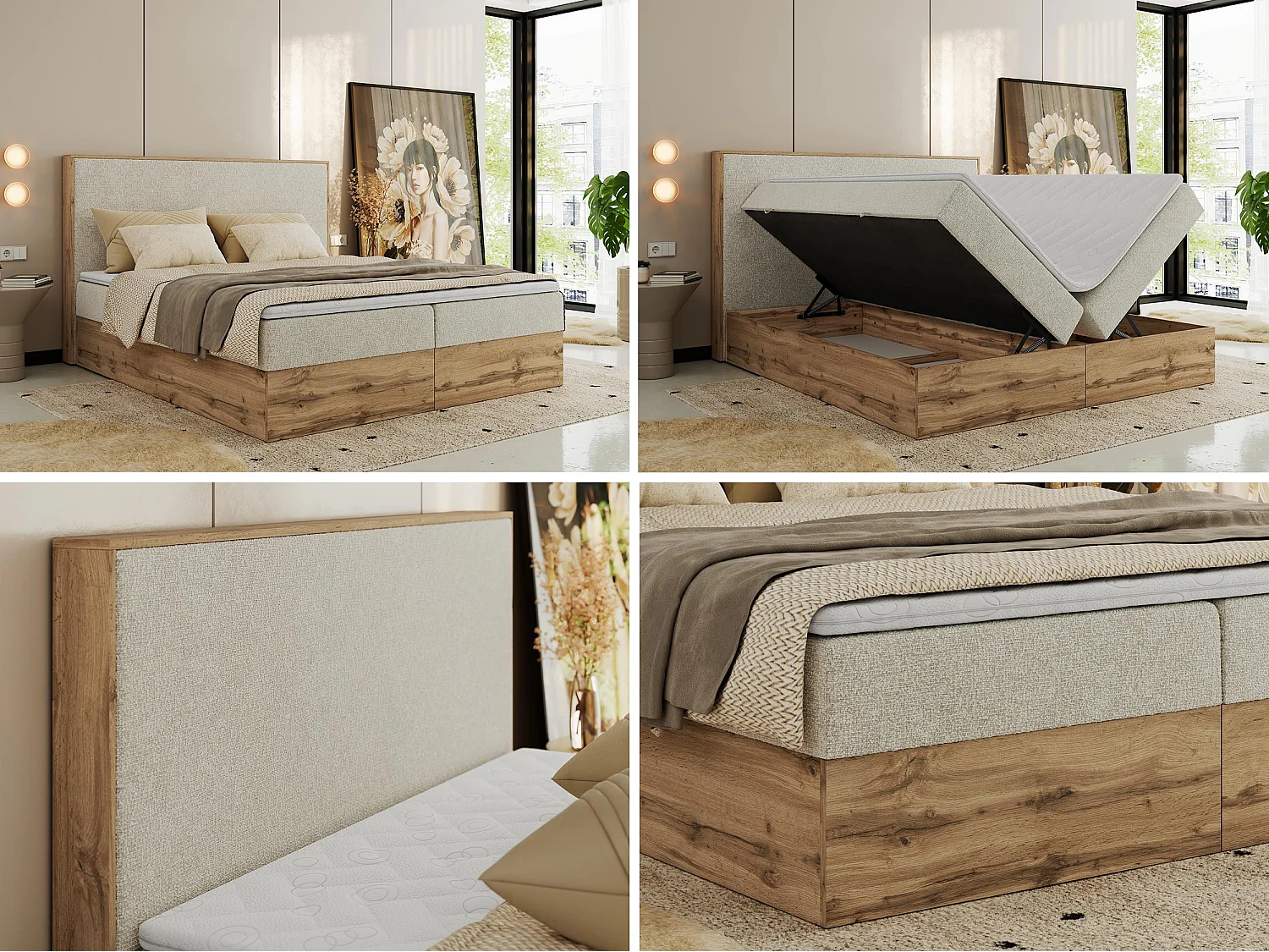 Boxspringbett WOOD CLASSIC - Doppelbett für Schlafzimmer, Set mit Multipocket-Matratze, Holzrahmen - 140x200 cm - H4 - Creme Strukture