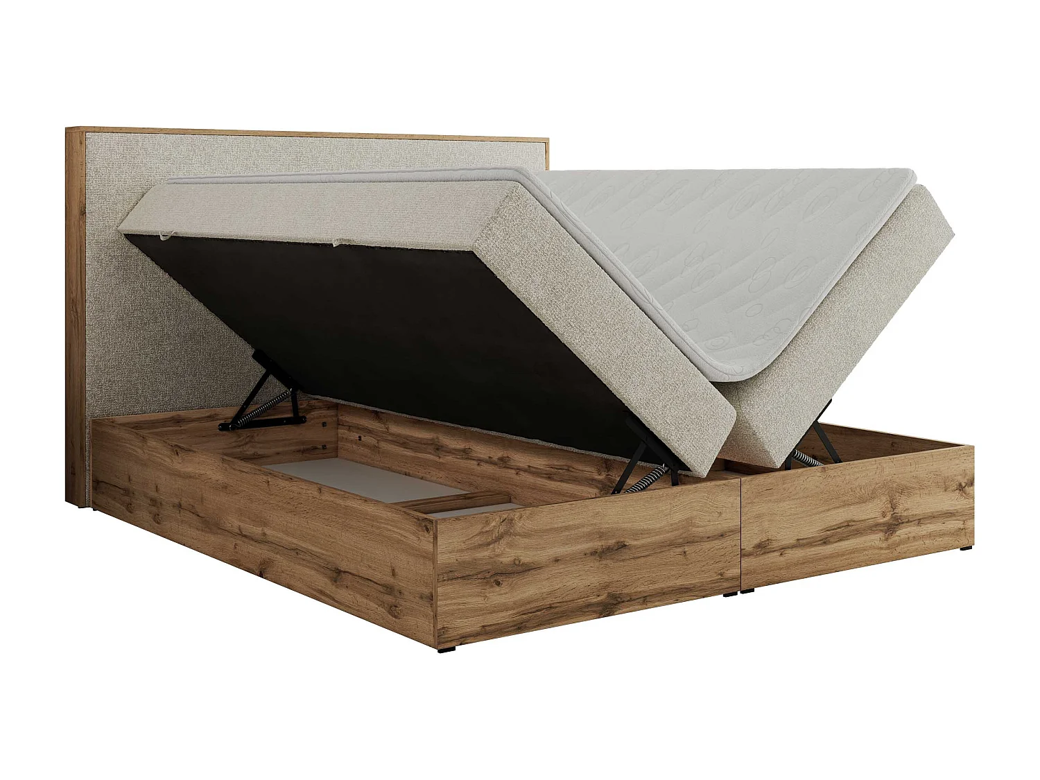 Boxspringbett WOOD CLASSIC - Doppelbett für Schlafzimmer, Set mit Multipocket-Matratze, Holzrahmen - 140x200 cm - H4 - Creme Strukture
