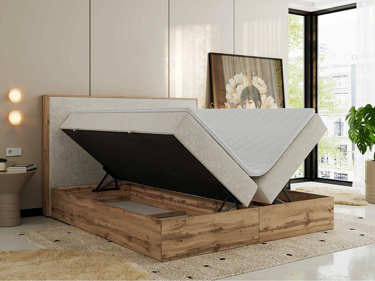Lit boxspring - Dureté H4 + Topper T25 - Crème Tissu texturé - 140x200 - WOOD CLASSIC