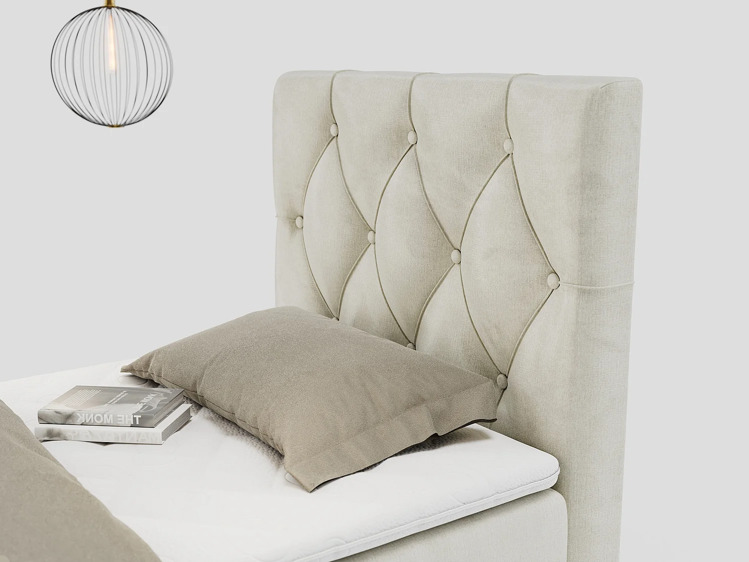 Boxspringbett ALDA - Einzelbett mit gestepptem Kopfteil, Multipocket-Matratze und Topper, Bettkasten - 90x200 cm - H4 - Beige Velvet - Rechts Seite