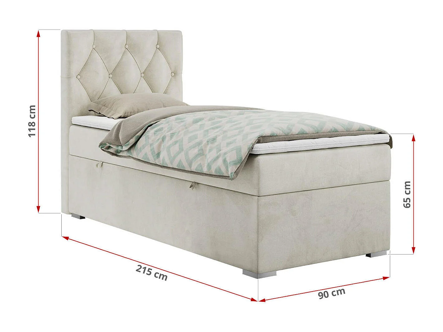 Boxspringbett ALDA - Einzelbett mit gestepptem Kopfteil, Multipocket-Matratze und Topper, Bettkasten - 90x200 cm - H4 - Beige Velvet - Rechts Seite