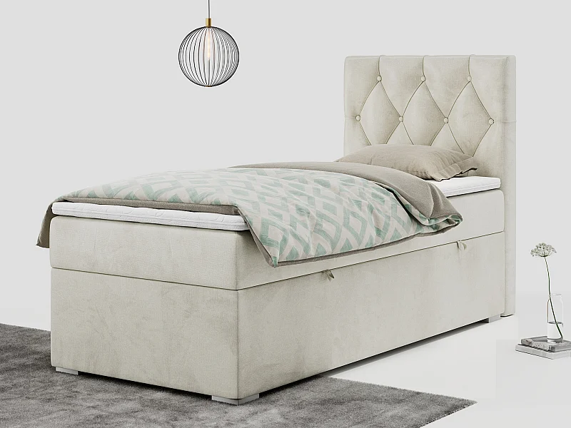 Boxspringbett ALDA - Einzelbett mit gestepptem Kopfteil, Multipocket-Matratze und Topper, Bettkasten - 90x200 cm - H4 - Beige Velvet - Rechts Seite