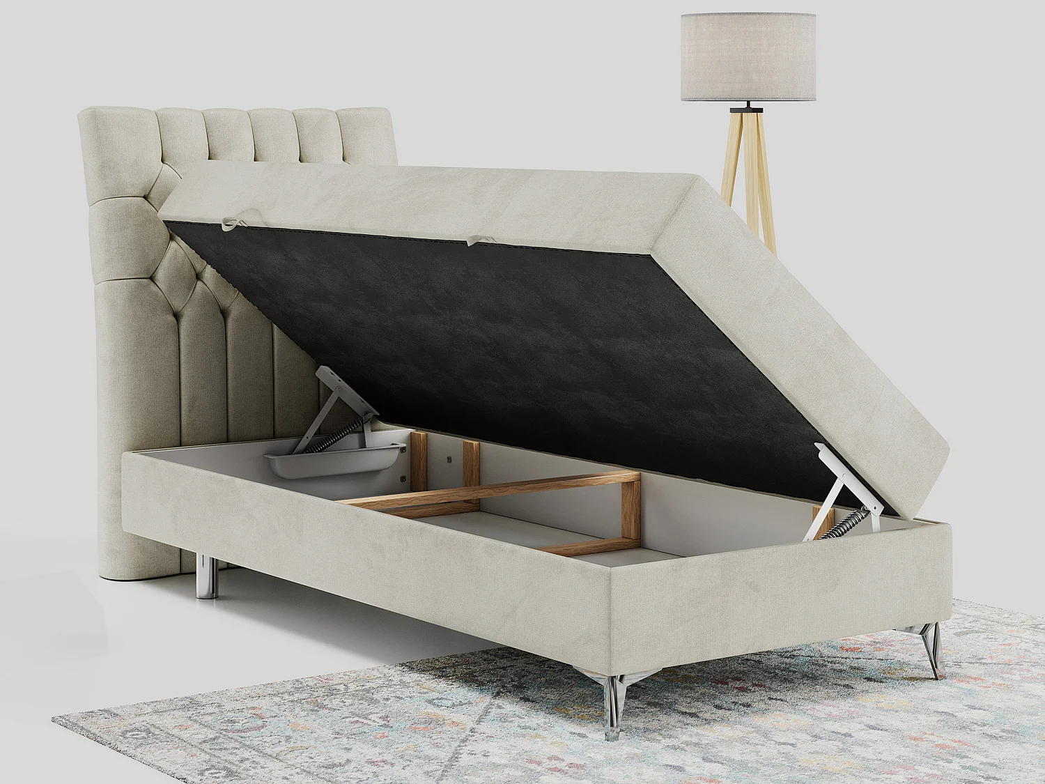 Boxspringbett MILEN - Polsterbett auf Metallbeine, Set mit Multipocket-Matratze, Gesteppte Kopfstütze - 90x200 cm - H3 - Beige Velvet - Links Seite