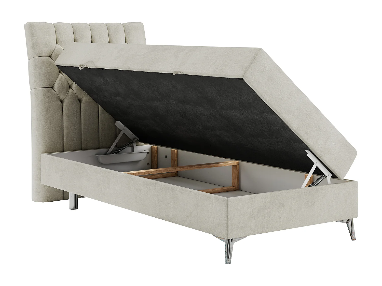 Boxspringbett MILEN - Polsterbett auf Metallbeine, Set mit Multipocket-Matratze, Gesteppte Kopfstütze - 90x200 cm - H3 - Beige Velvet - Links Seite