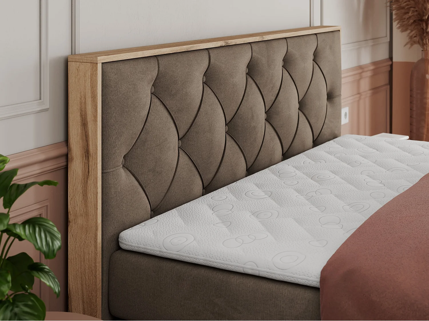 Boxspringbett VENETO KING - Polsterbett mit Multipocket-Matratzen und Kopfteil, Holzrahmen, zwei Bettkästen - 140x200 cm - H3 - Braun Velvet