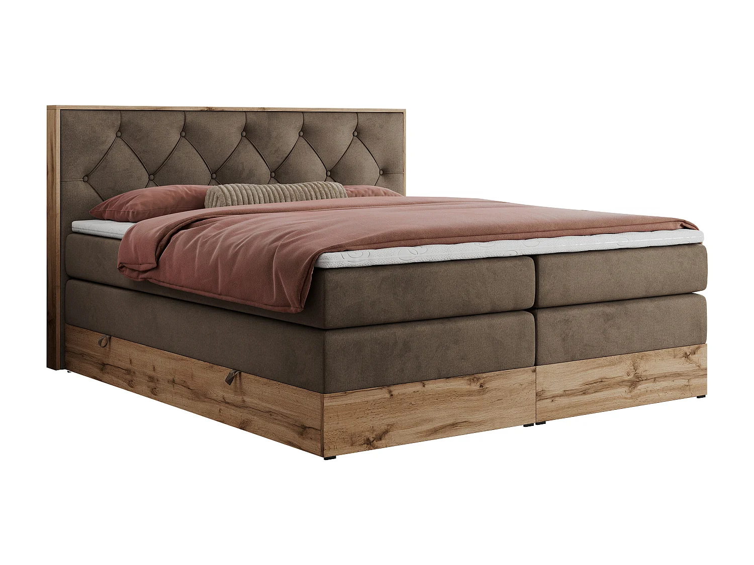 Boxspringbett VENETO KING - Polsterbett mit Multipocket-Matratzen und Kopfteil, Holzrahmen, zwei Bettkästen - 140x200 cm - H3 - Braun Velvet