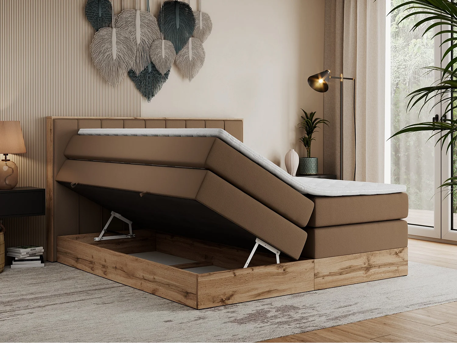 Boxspringbett BELLISSIMO KING - für Schlafzimmer, zwei Multipocket-Matratzen, Set mit Kopfteil und Topper, Holzrahmen - 200x200 cm - H4 - Braun Kunstleder