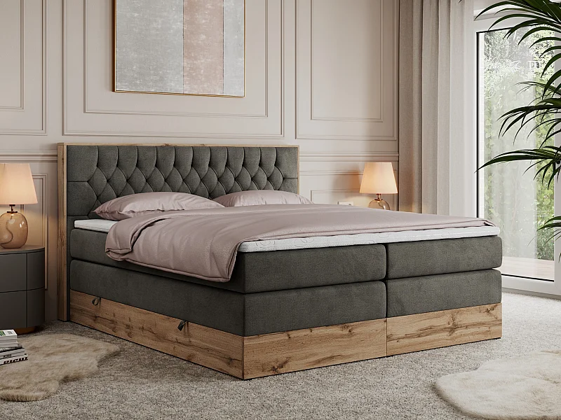 Boxspringbett AMORE KING - gesteppte Kopfstütze, Polsterbett mit zwei Multipocket-Matratzen, Holzrahmen - 160x200 cm - H3 - Dunkelgrau Velvet