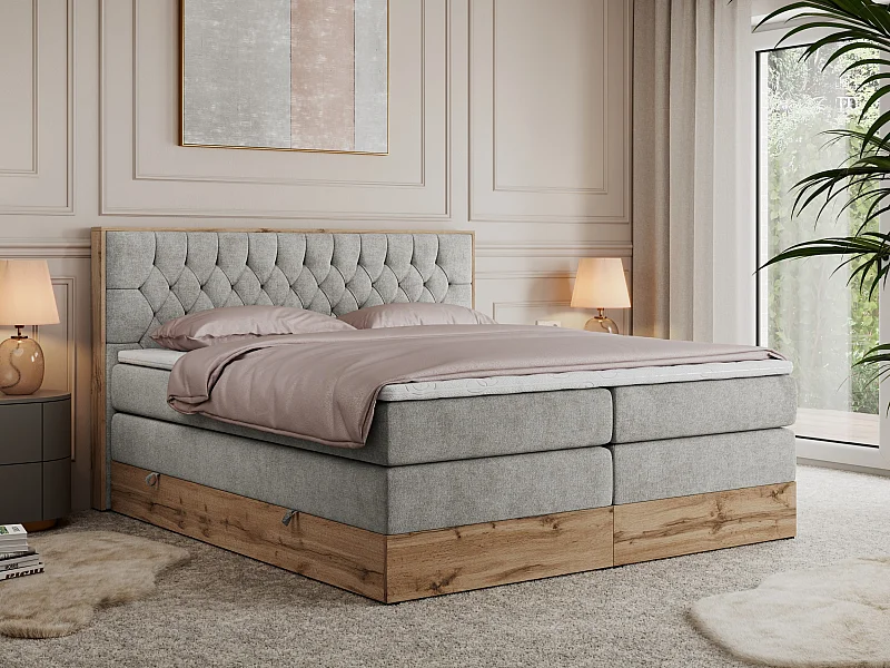 Boxspringbett AMORE KING - gesteppte Kopfstütze, Polsterbett mit zwei Multipocket-Matratzen, Holzrahmen - 200x200 cm - H4 - Hellgrau Strukture