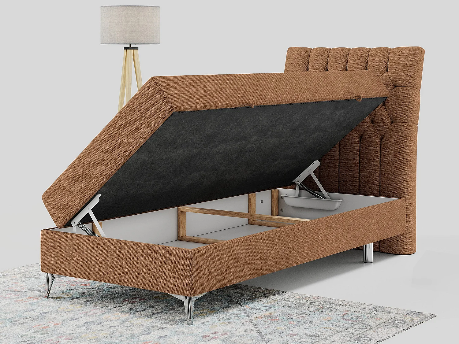 Boxspringbett MILEN - Polsterbett auf Metallbeine, Set mit Multipocket-Matratze, Gesteppte Kopfstütze - 90x200 cm - H3 - Orange Strukture - Rechts Seite