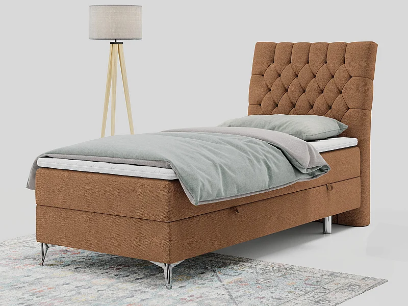 Boxspringbett MILEN - Polsterbett auf Metallbeine, Set mit Multipocket-Matratze, Gesteppte Kopfstütze - 90x200 cm - H3 - Orange Strukture - Rechts Seite